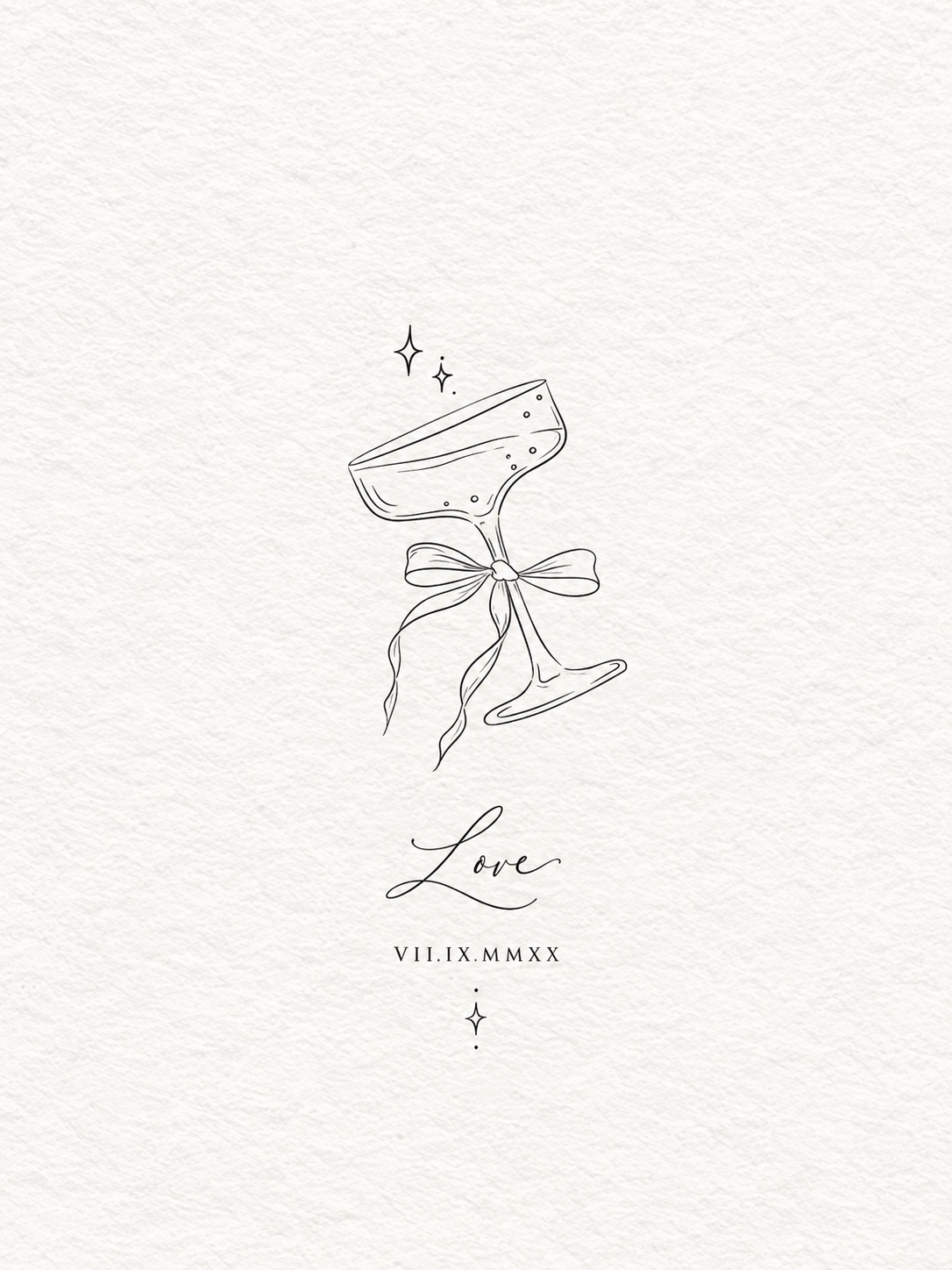 Fine-line champagne glass tattoo flash with a bow, the word love and a Roman numeral date