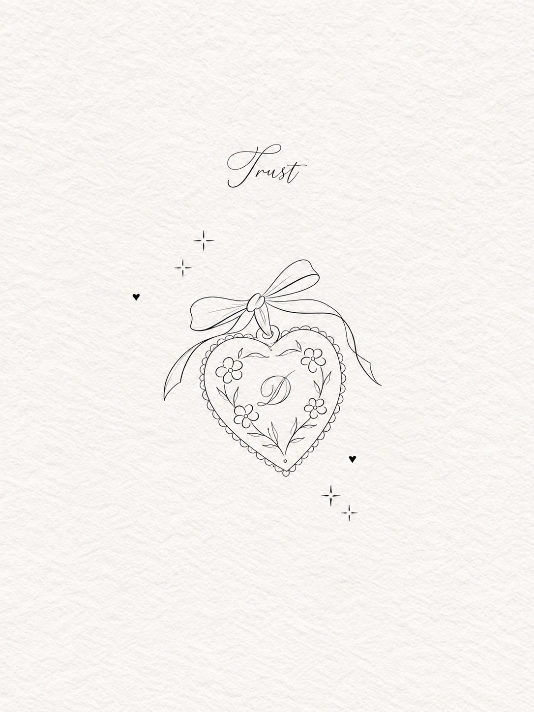 Fine-line heart locket tattoo flash with flowers, ribbon and a personalized initial