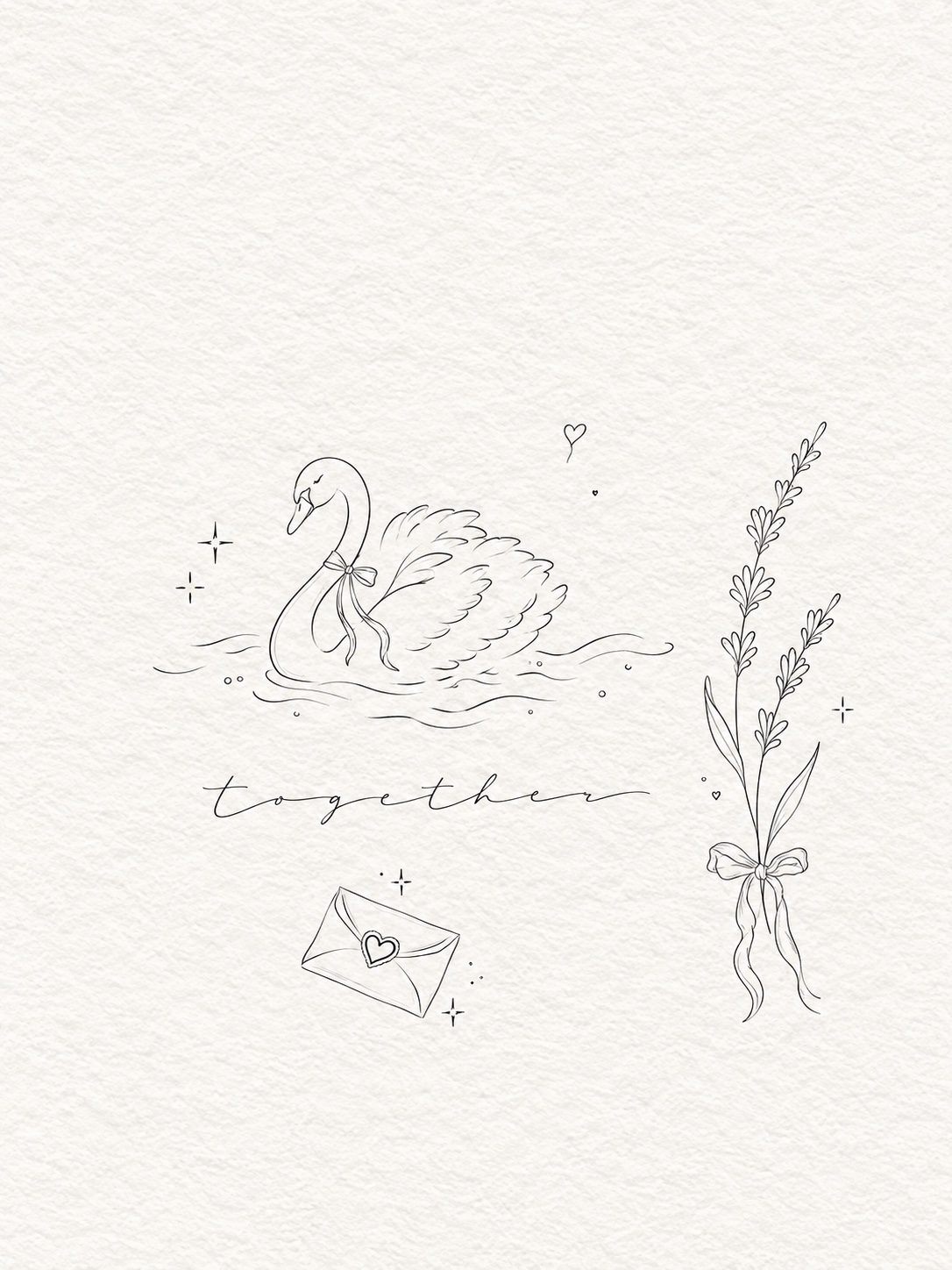 Fine-line wedding flash set with a swan, lavender bouquet, envelope and the word together