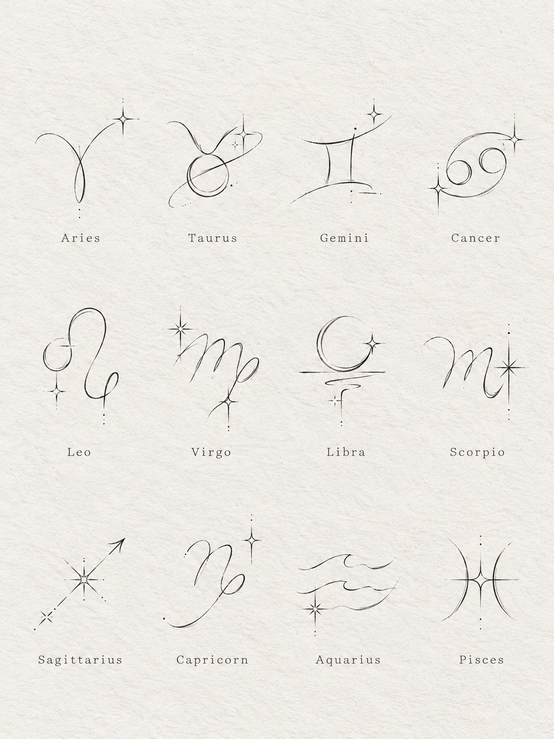Fine-line tattoo flash sheet with all twelve zodiac signs and celestial accents